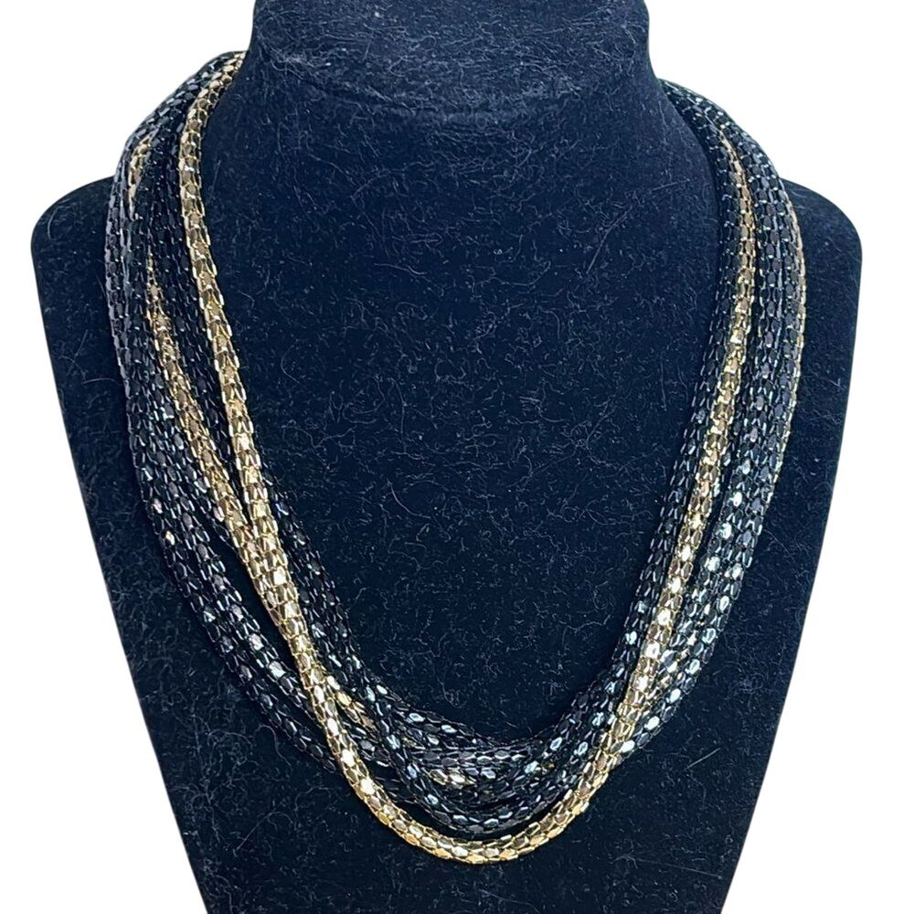 Mixed Metal Multi Strand Mesh Chain Necklace Black Gold Tone 18”